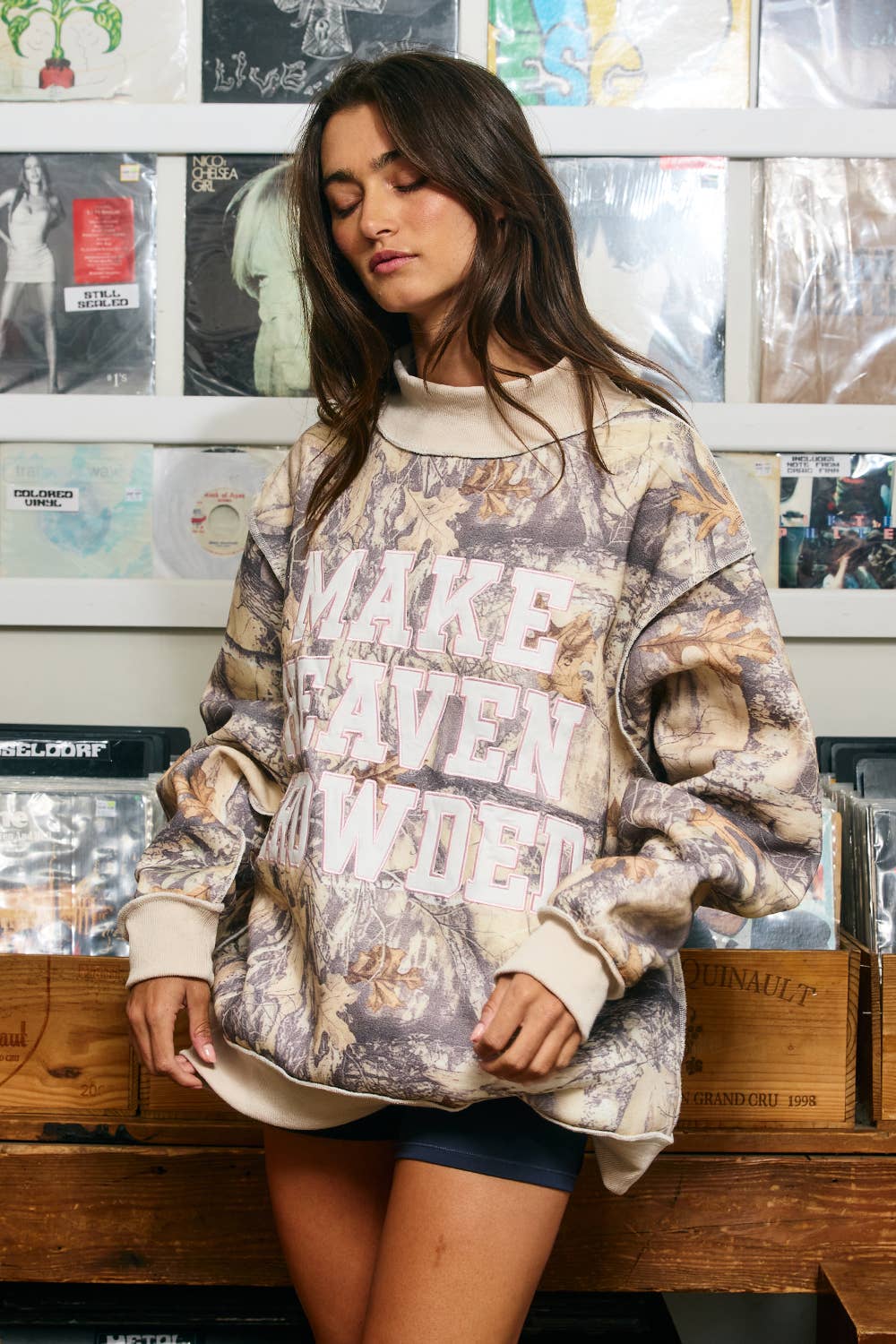 Make Heaven Crowded | Camo Appliqué Embroidery Mockneck Sweatshirt