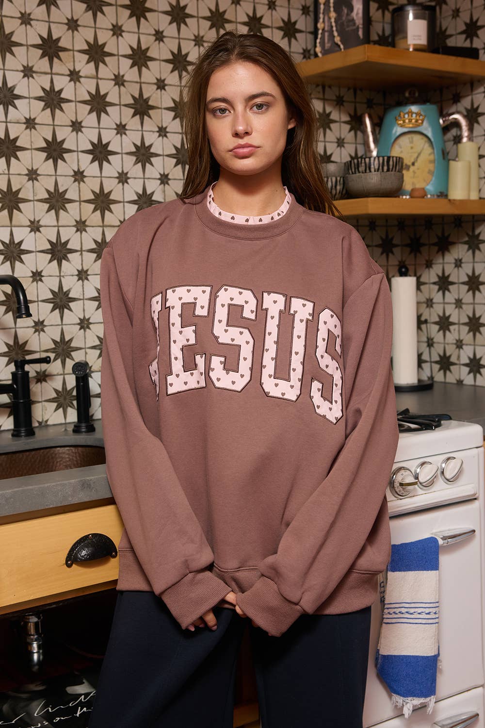 'JESUS' Heart Applique Varsity Sweatshirt