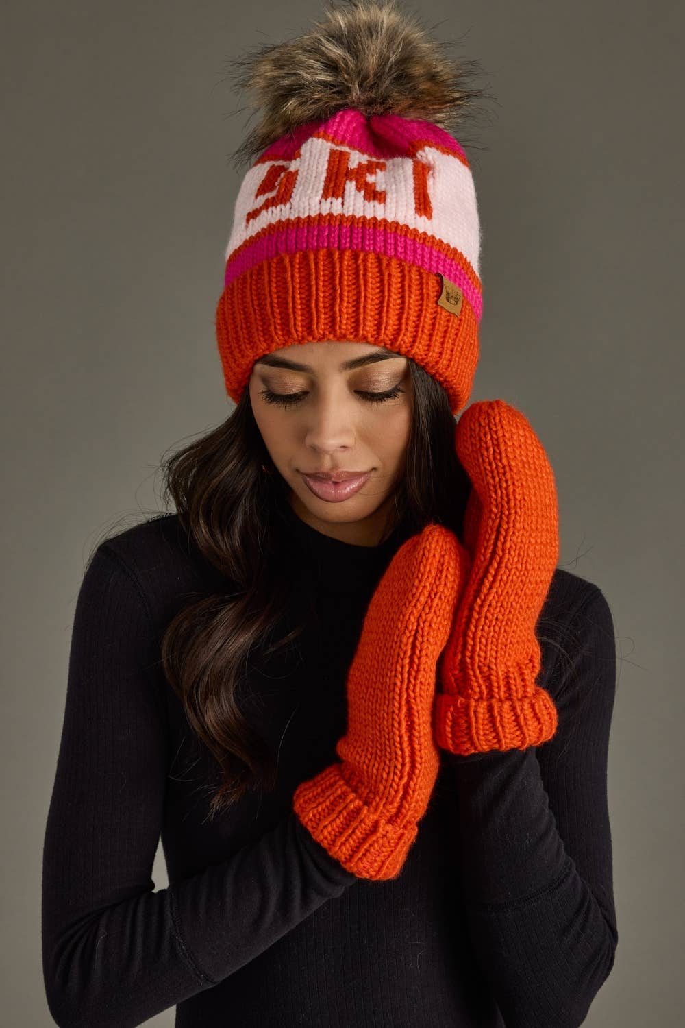 Orange Cuffed Knit Mittens