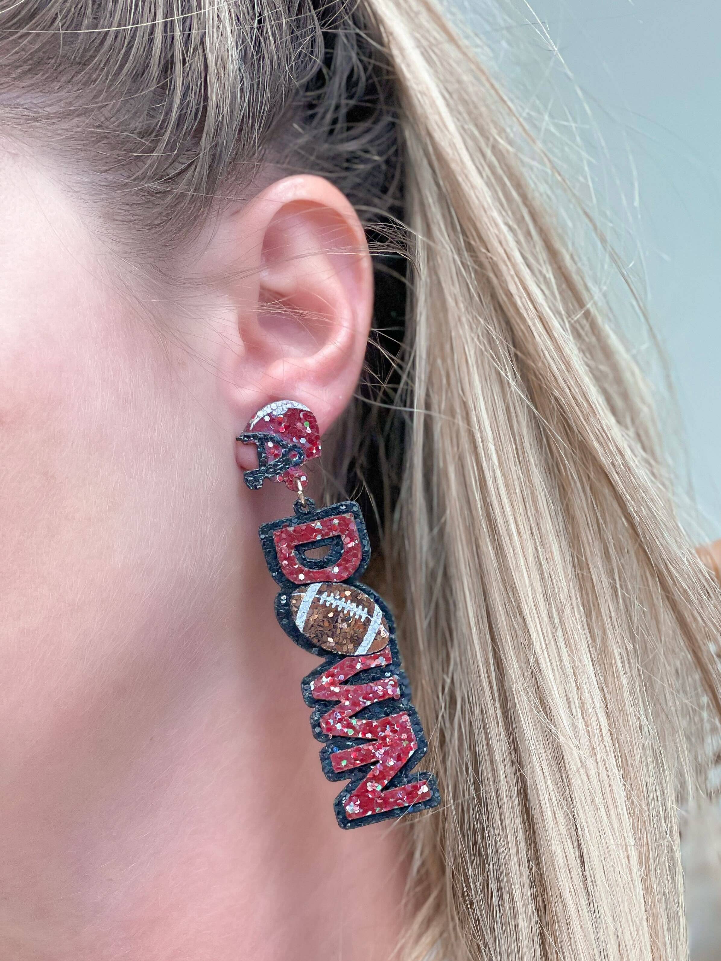 Glitter 'Touch Down' Football Earrings - Crimson & Black