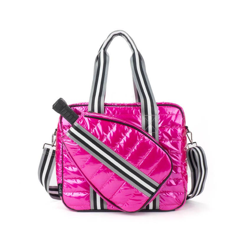 Puffer Pickle Ball Tote Pink with Black Stripe