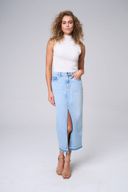 MAXI SKIRT W/FRONT SLIT & FRAYED HEM IN LIGHT